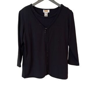 Talbots Women's 2pc Tank Top Sweater Set Cardigan‎ Rhinestone Trim Black Medium